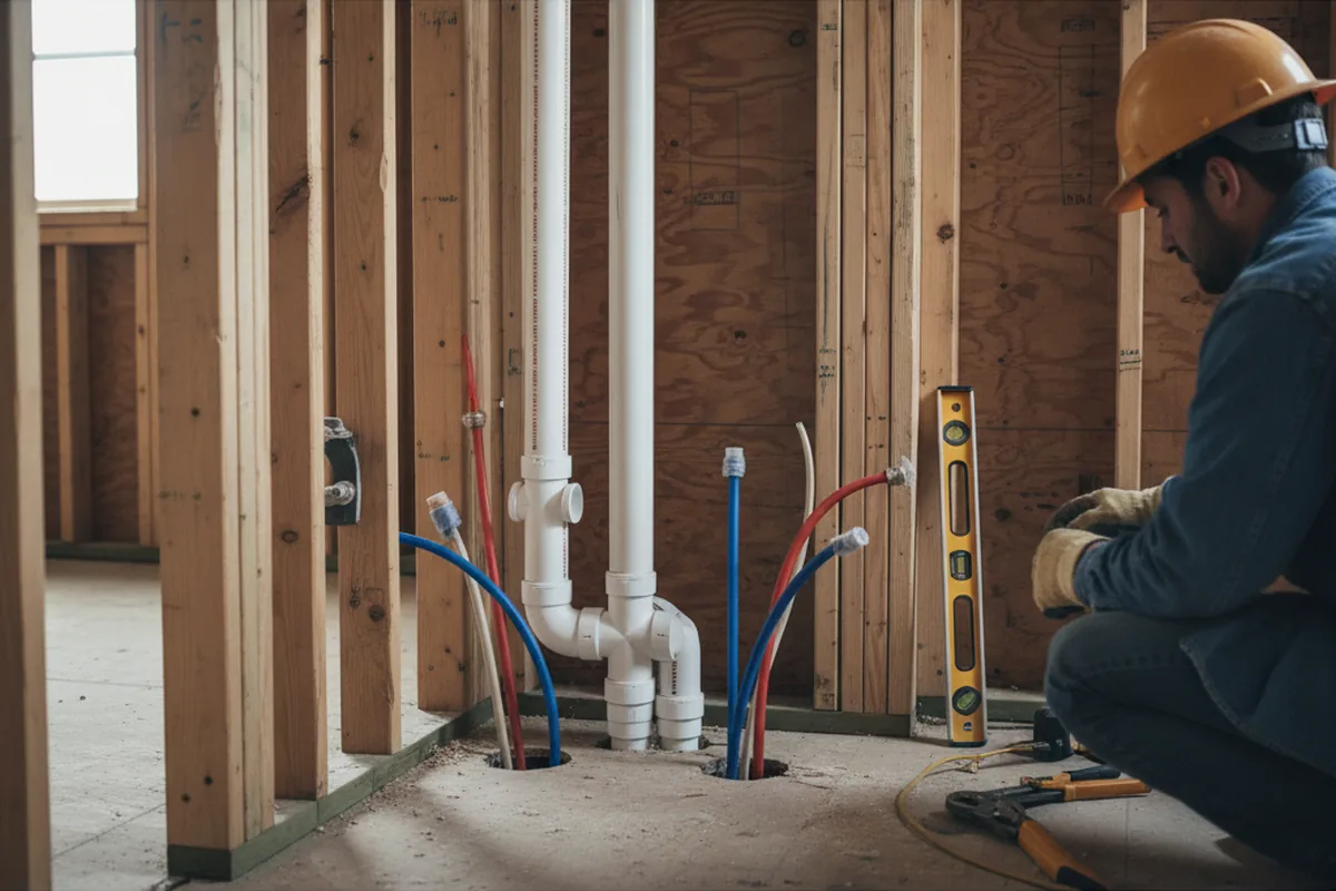 Drain and supply rough-in during Sump Pump Repair in Mills River