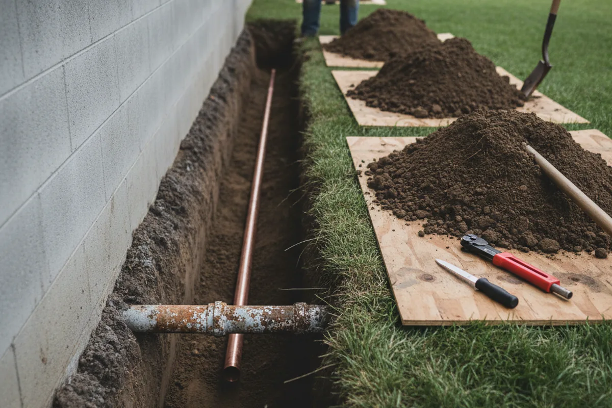 Excavated water line trench during Sewer Line Repair in Mills River